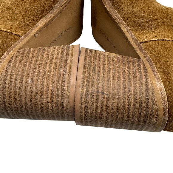 Lucky Brand Ryemi Topanga Tan Suede Leather Peep Toe Ankle booties Women sz 10M - Picture 9 of 10